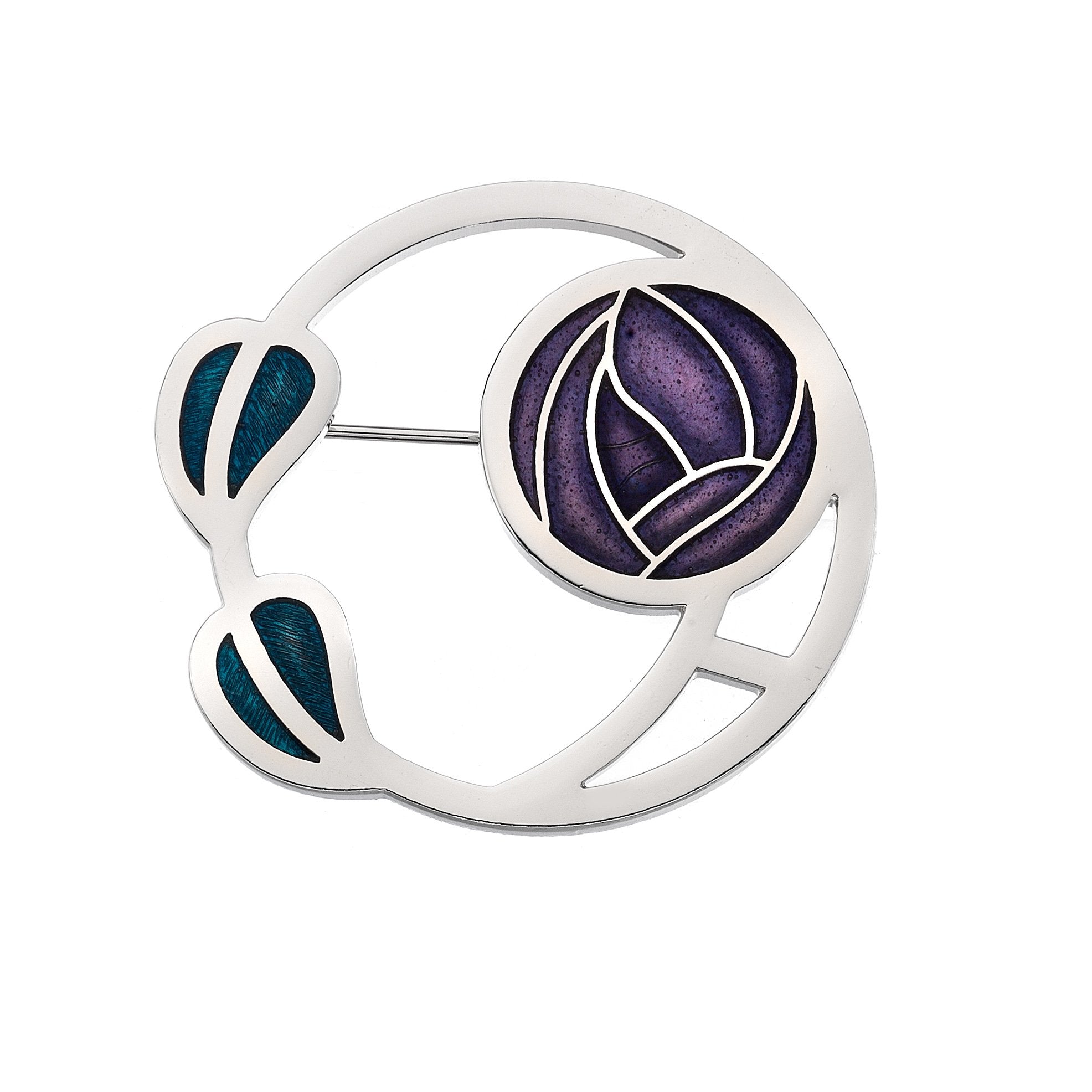 Purple Mackintosh Rose and Leaves Brooch